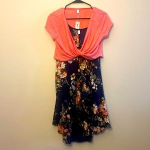 Light pink twisted shift over blue flower summer dress